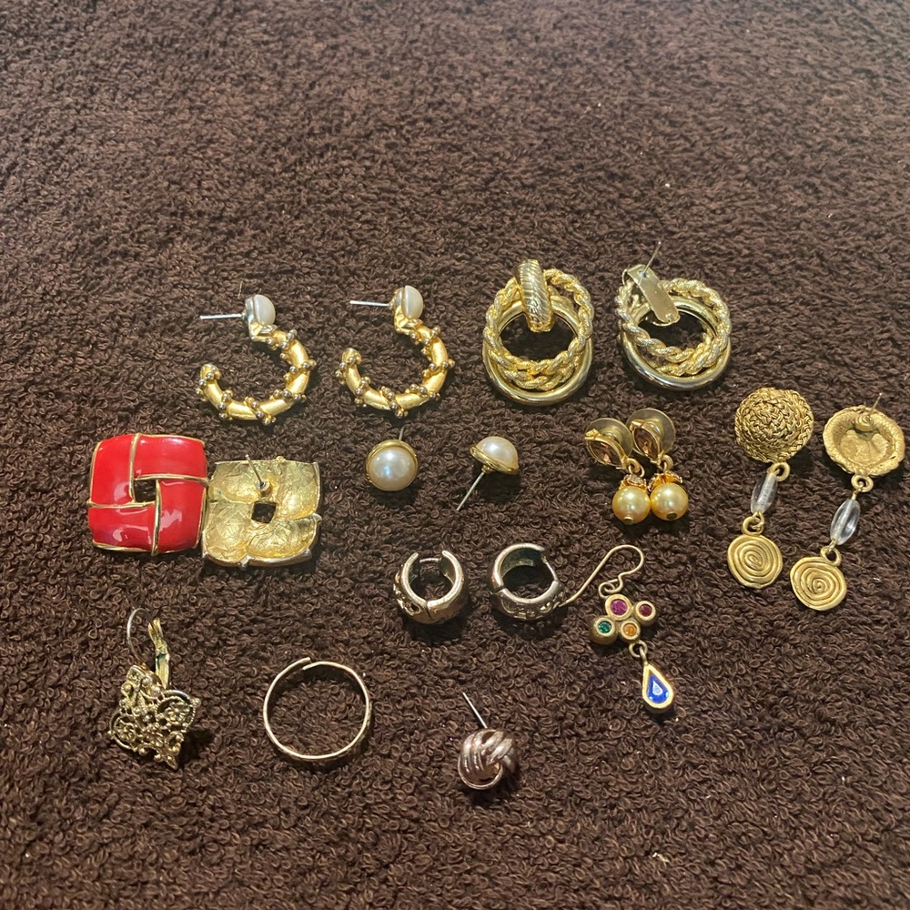 Gold tone and Red Geometric Earrings